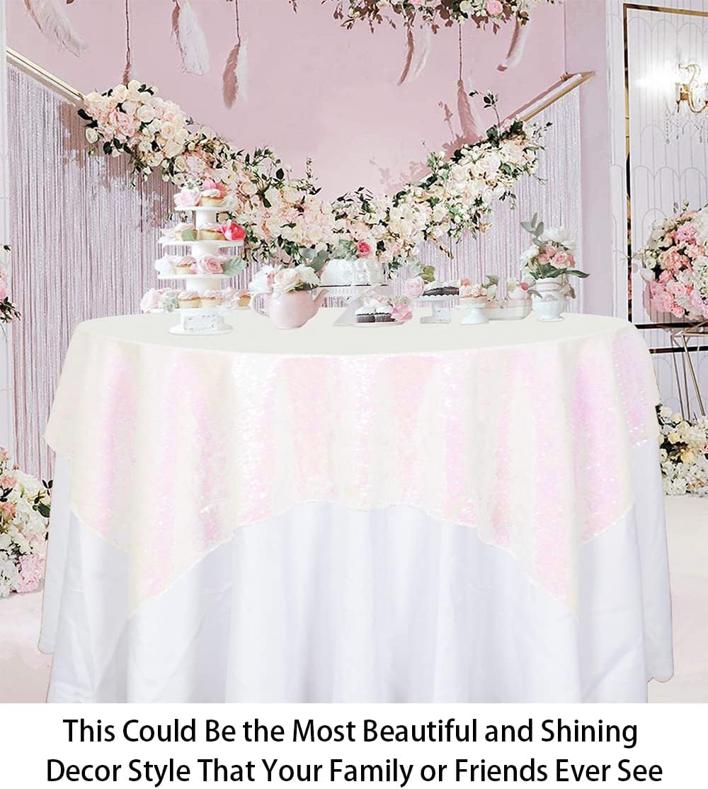 ShinyBeauty Sequin Tablecloth - Square 54x54-Inch Iridescent White Table Cloths for Round Table