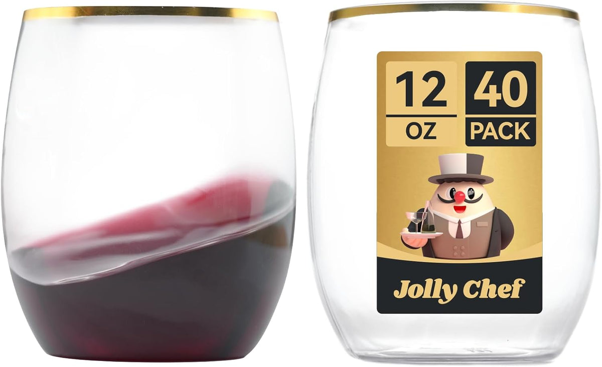 JOLLY CHEF 12 oz 40 Pack Gold Plastic Wine Glasses Stemless, Shatterproof, Unbreakable, Crystal