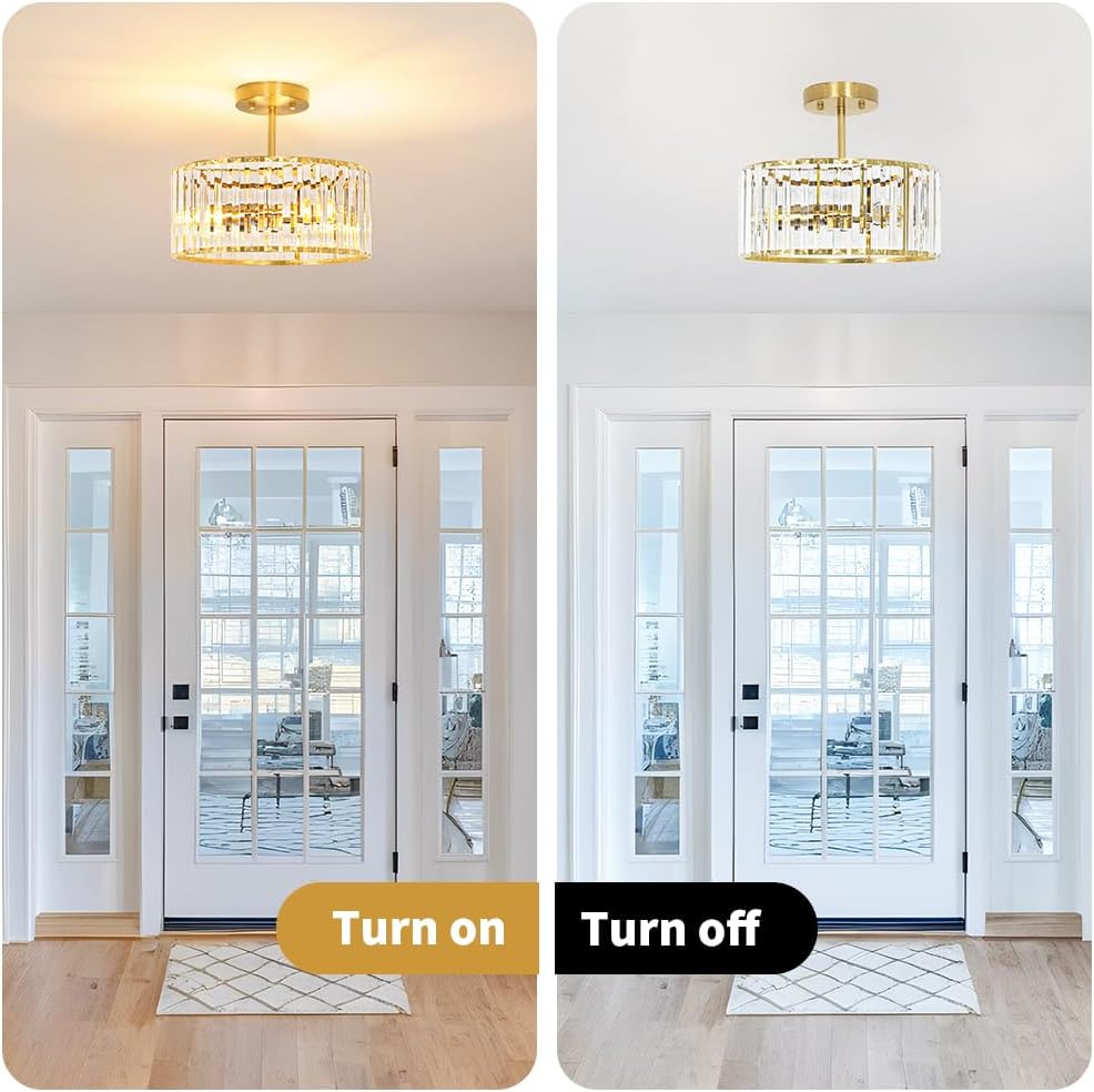 Modern Crystal Ceiling Light, Brushed Gold Semi Flush Mount Ceiling Lighting Fixture, Brass Hallway