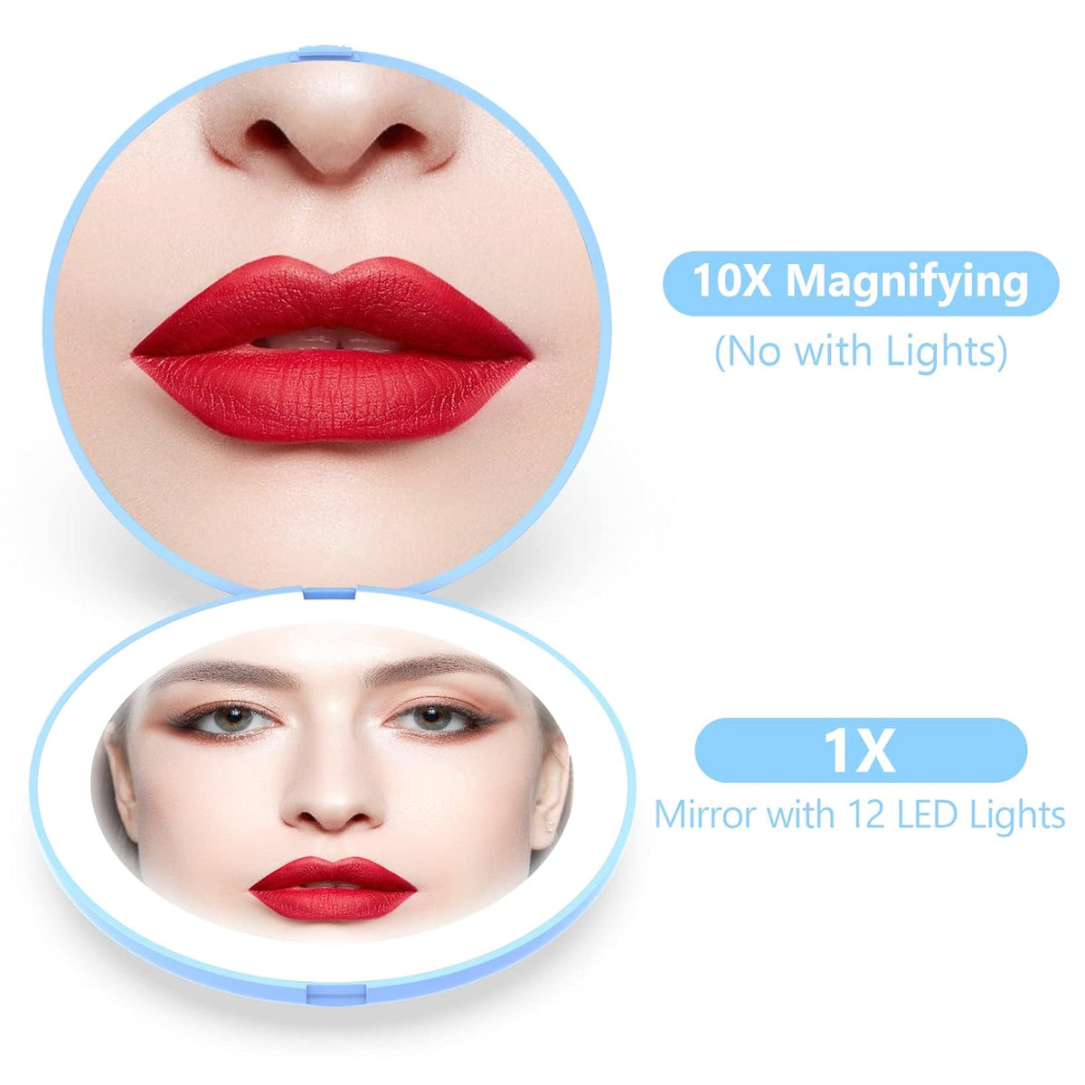 WOBSION Travel Compact Mirror,Portable 1x/10x LED Makeup Mirror with Magnification,Handheld 2-Sided