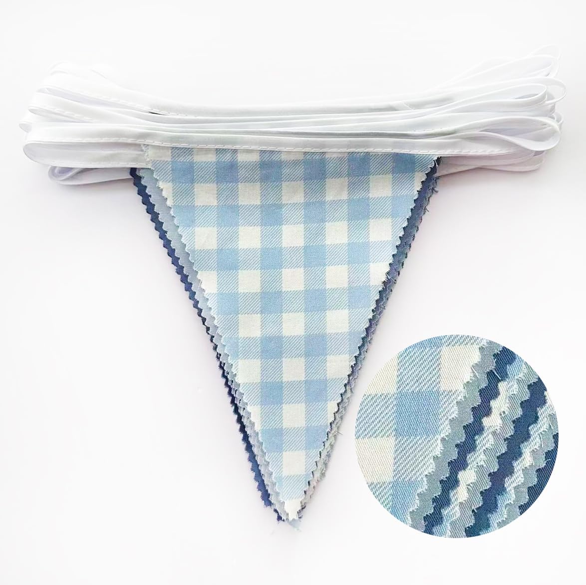32Ft Dusty Blue Party Decorations Retro Blue Gingham Triangle Banner Flag Pennant Fabric Garland