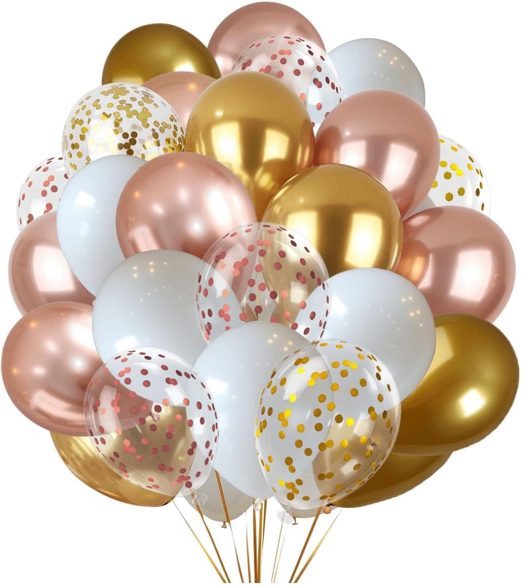 300 Pcs Rose Gold Confetti Balloons Set Lncludes 12 inch Gold White Rose Gold and Confetti