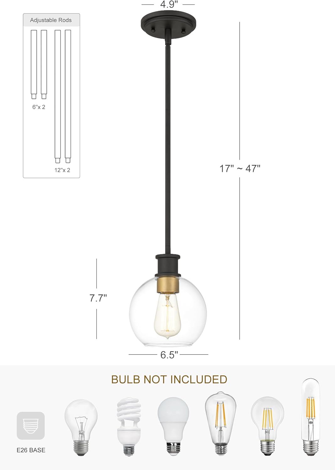 Black and Gold Pendant Light, Modern Globe Pendant Light, Island Pendant Lights with 6.5 inch Clear