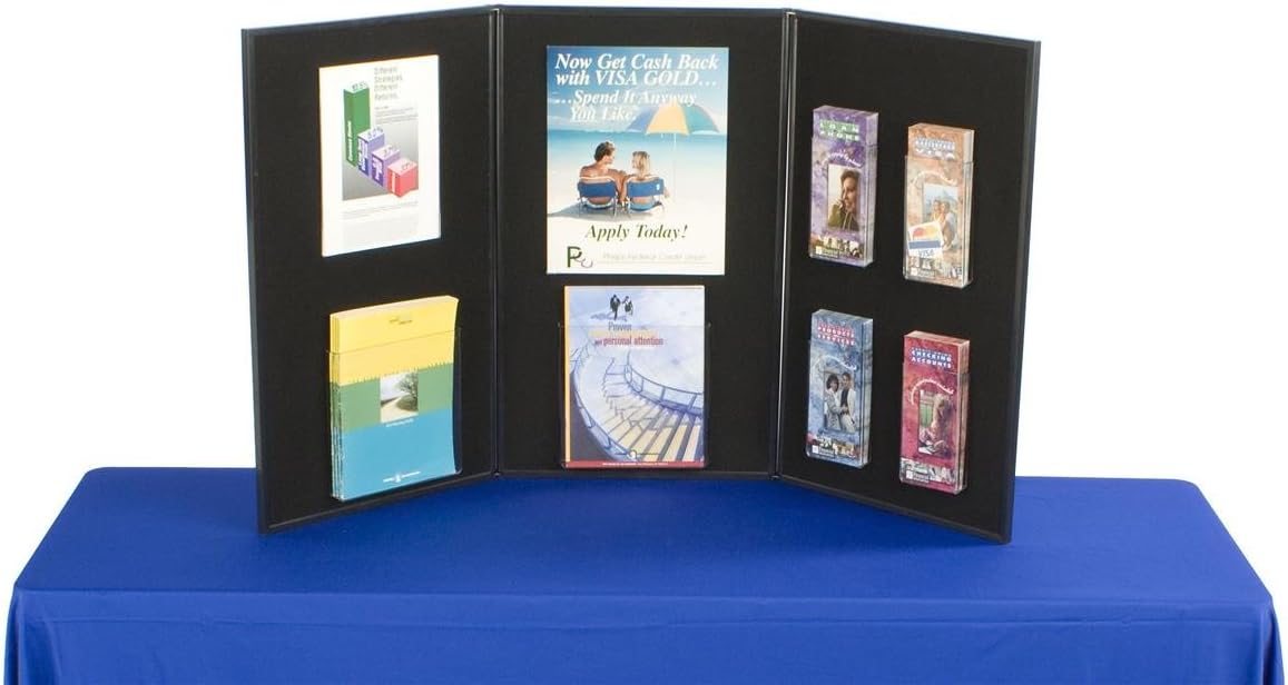 3-Panel Tabletop Display Board, 54 x 30 - Black and Gray Hook & Loop-Receptive Fabric, for