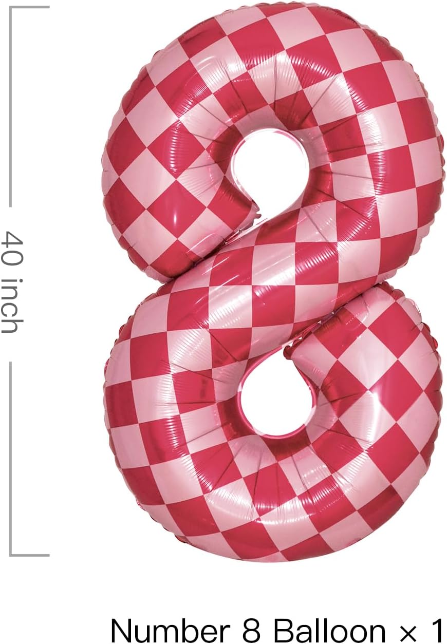 40 Inch Pink Checkered 8 Balloon Large Hot Pink Number Balloons for Girls 8th Birthday Decorations