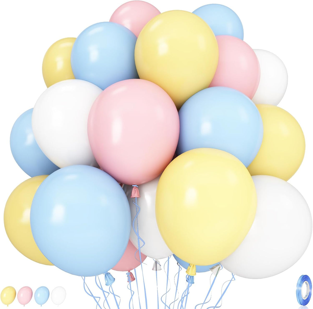 Pastel Balloons, 12 Inch 35PCS Light Pink Blue Yellow White Latex Balloon, Multicolor Balloon for