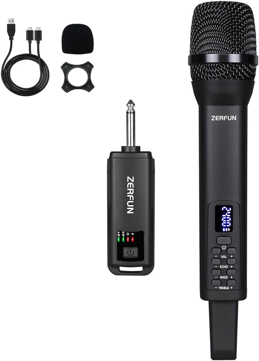 Rechargeable Wireless Microphone, Pro Handheld Cordless Mics System Dynamic with Echo Treble BASS