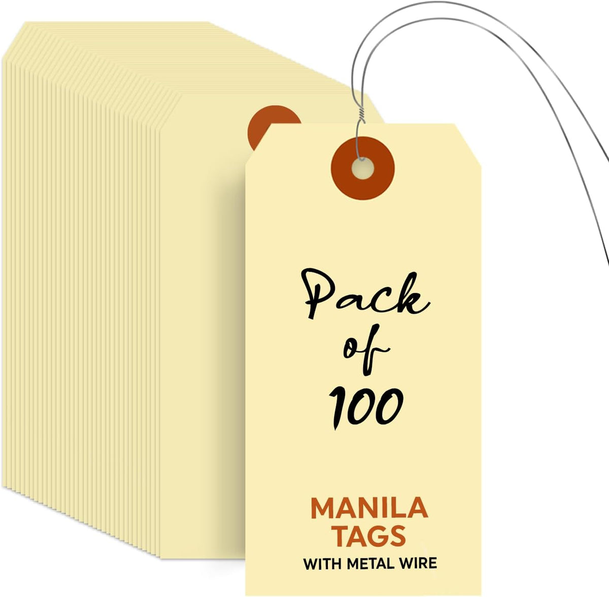 SmartSign Blank Manila Tags with Wire (Pre-Attached)- Pack of 100, Size-5, 13pt Thick Cardstock