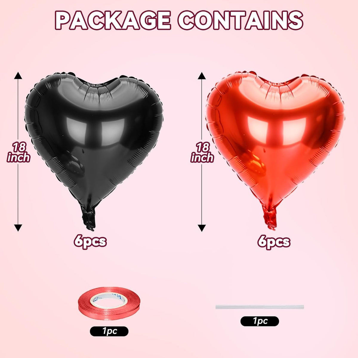 12 Pcs Heart Balloons, 18 inch Valentine's Day Heart Shaped Balloons, Red Black Foil Helium