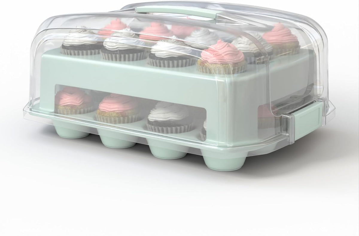 Cupcake Carrier, EXTRA TALL LID, Green Cupcake Holder Carries 24 Standard-Size Cupcakes, Muffin