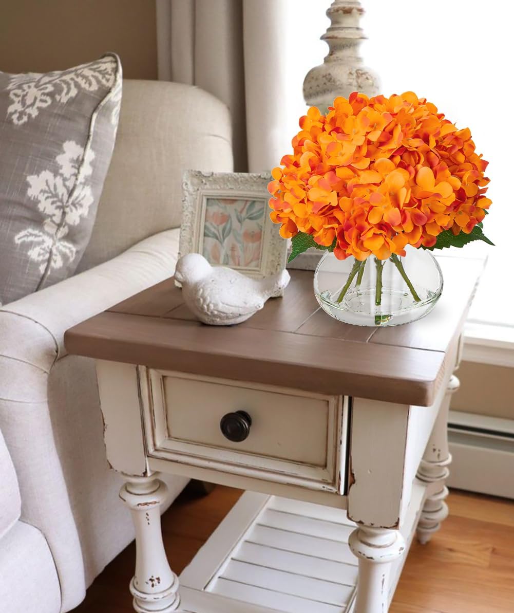 Hollyone Hydrangea Artificial Flowers in Vase Orange Silk Fake Flowers Arrangements with Glass Vase