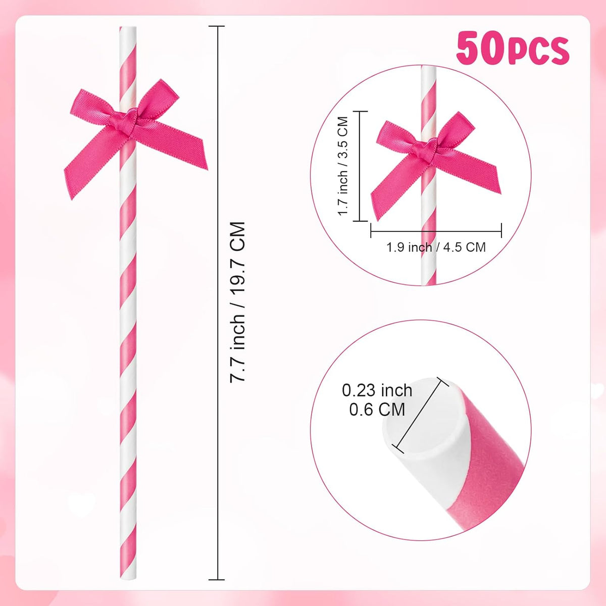 50 Pcs Rose Red Paper Straws for Drinking, Bow Disposable Striped Paper Straws Bulk Rose Red Theme