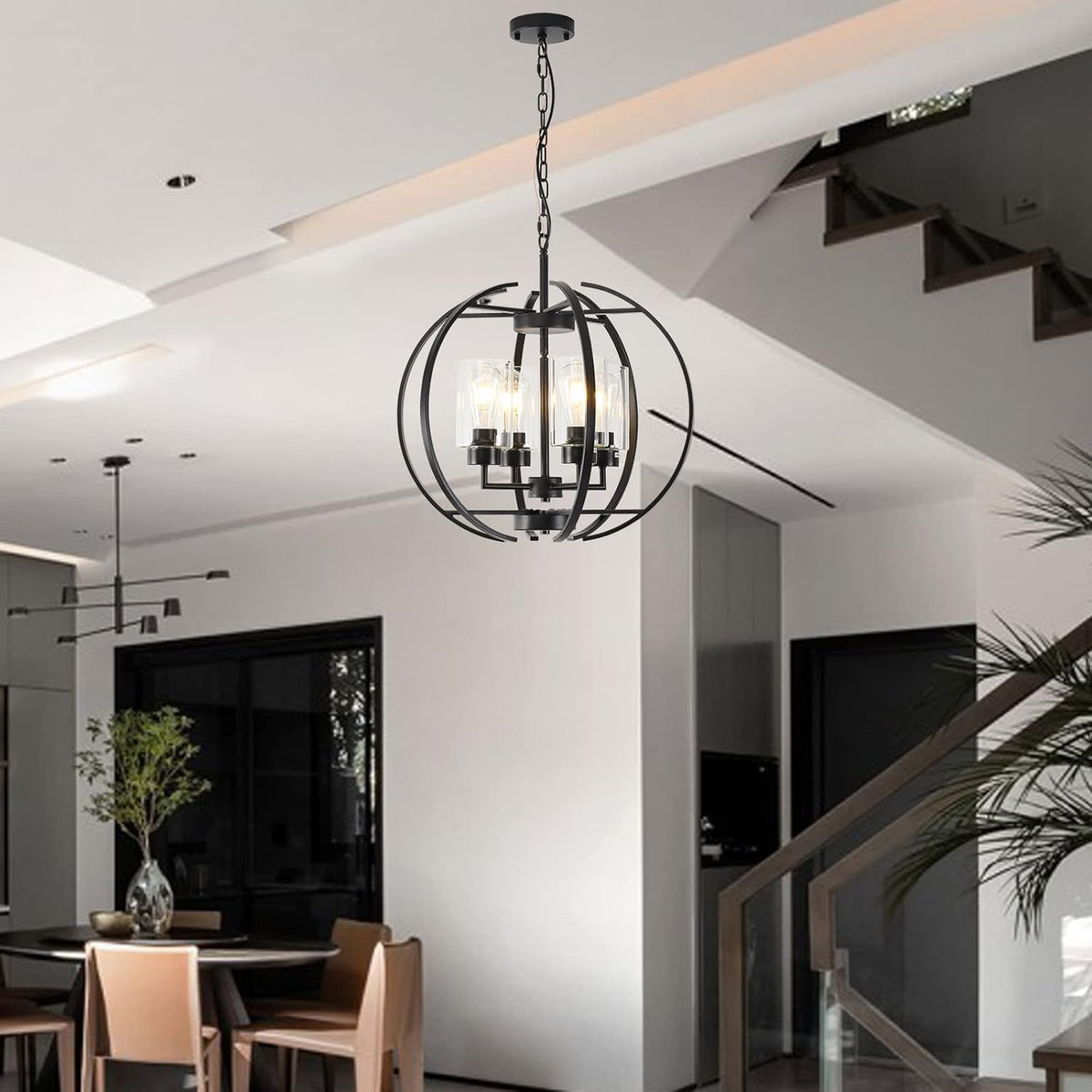 Black Chandelier Lighting with Clear Glass for Dining Room, Farmhouse Hanging Lighting, 4 Lights