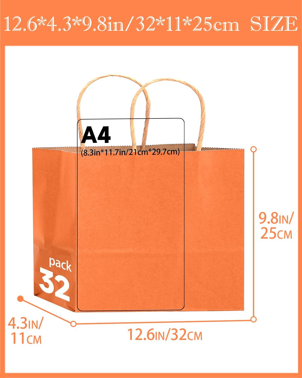 qiqee 100PCS Large Gift Bag with Handles Bulk 13"x4.5"x10" Gift Bags Kraft Orange Multiple Uses