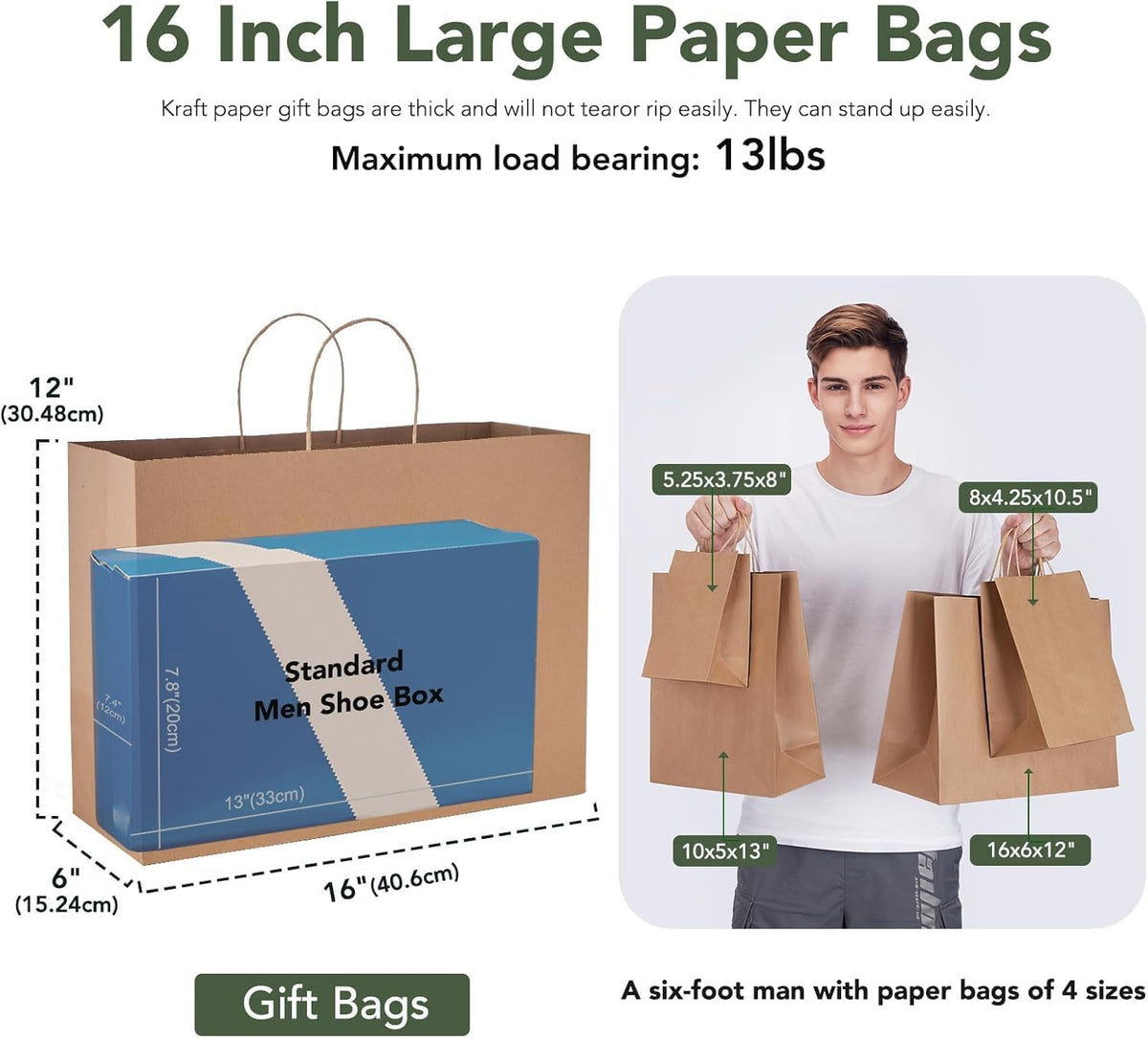 GSSUSA 16x6x12 Inches Large Paper Bags with Handles, 6000 Pack Brown Paper Gift Bag, Recyclable