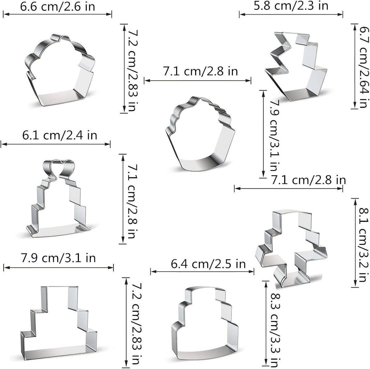Cake Shaped Cookie Cutters Set of 7 pcs, Stainless Steel Cupcake/Birthday Cake/Wedding Cake Series