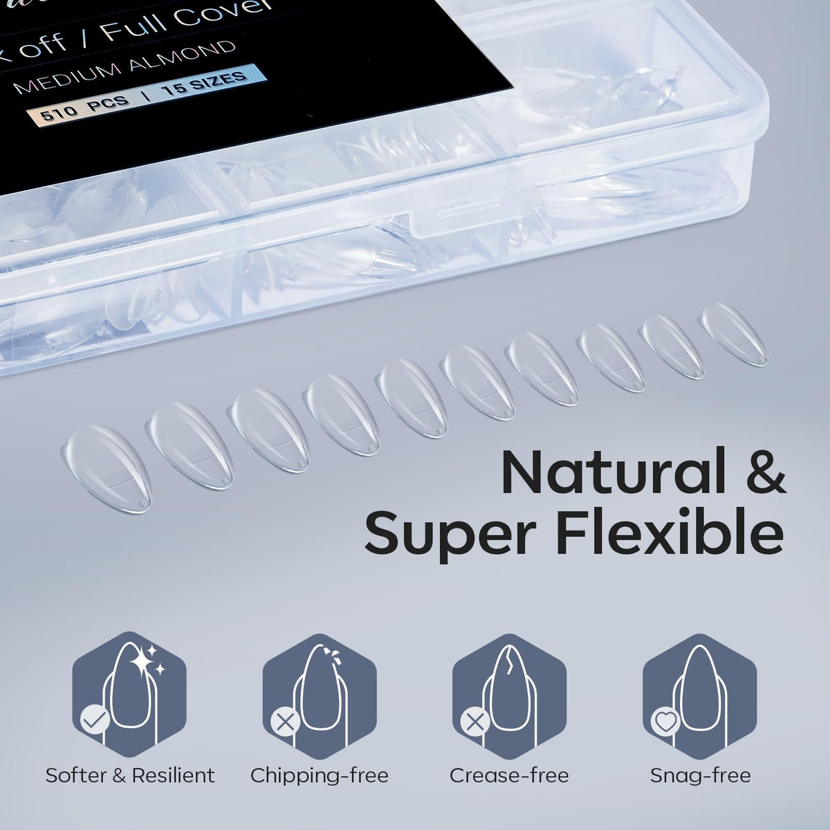 Modelones Almond Fake Nail Tips -510Pcs Medium Soft Gel Nail Tips Almond Shape Pre Etched Half