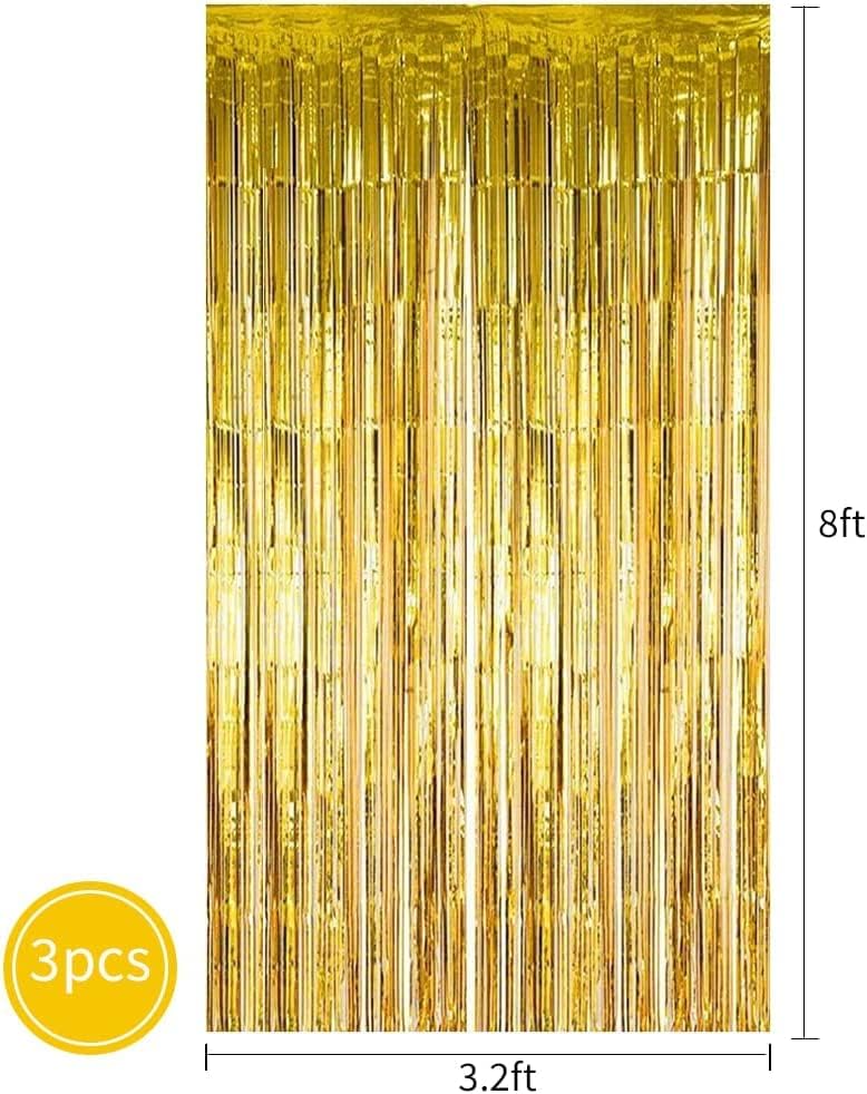 3Pcs Gold Metallic Tinsel Foil Fringe Curtains,3.2ft*8ft Gold Photo Booth Backdrop Streamer,Photo