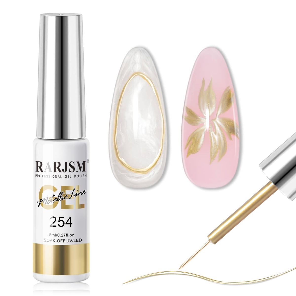 RARJSM Metallic Chrome Gel Liner Nail Art Champagne Gold 3D Mirror Effect Gel Nail Polish 8ml Build