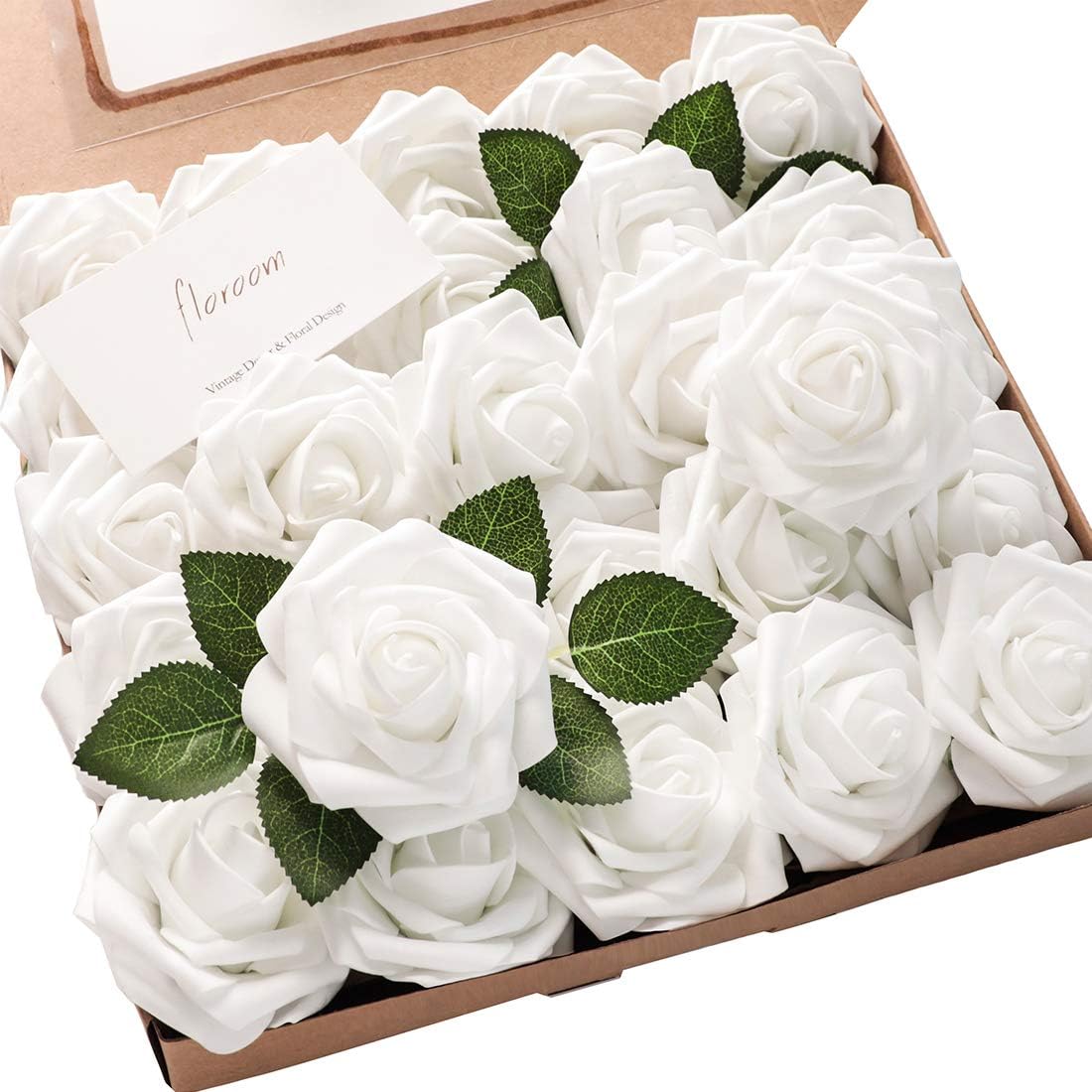 Floroom Artificial Flowers 25pcs Real Looking White Foam Fake Roses with Stems for DIY Wedding