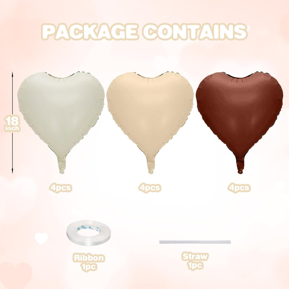 12 Pcs Heart Balloons, 18 inch Cream Brown Heart Shaped Balloons, Big Heart Helium Balloon, Neutral