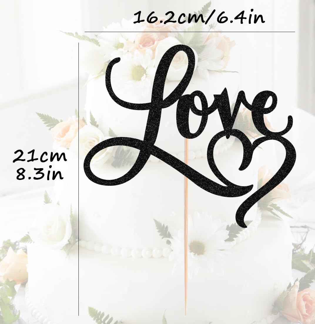 Love Cake Topper - Black Glitter Paper Wedding Cake Decoration Supplies, Perfect for Bridal