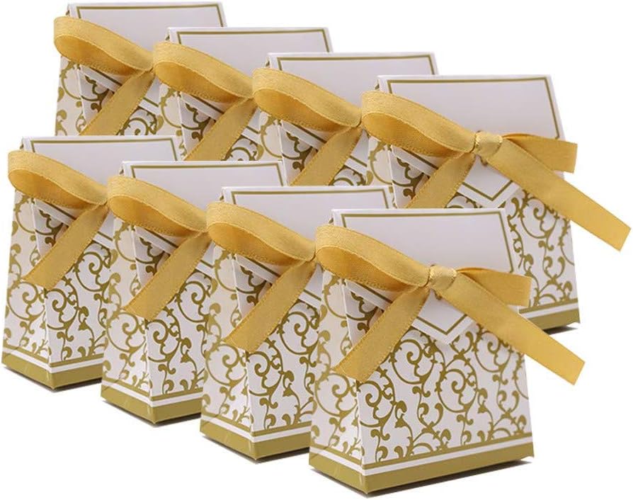 KUPOO 50PCS Candy Boxes,Gold Ribbon Wedding Favor Boxes Candy Bag Cake Box for Wedding Party