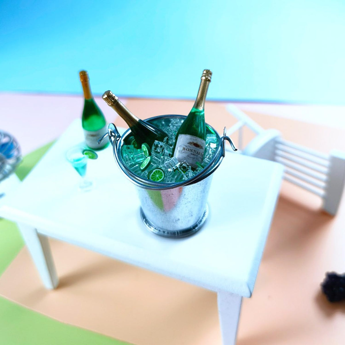 Miniature Champagne Bottle with 2 Glasses, 1:12 Dollhouse Champagne Bottle, Tiny Champagne Bottle