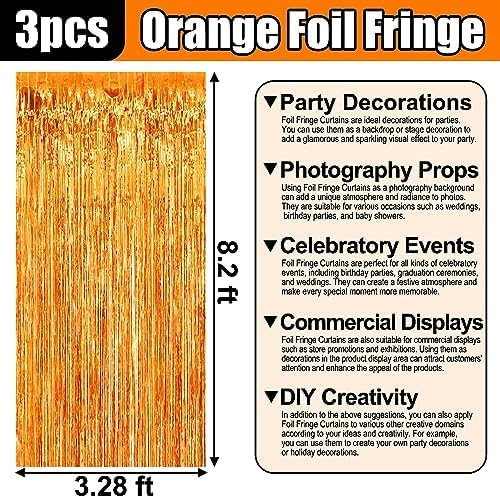 3 Pack Macaron Orange Foil Fringe Curtain Backdrop, 3.28Ft x 8.2Ft Metallic Tinsel Foil Fringe