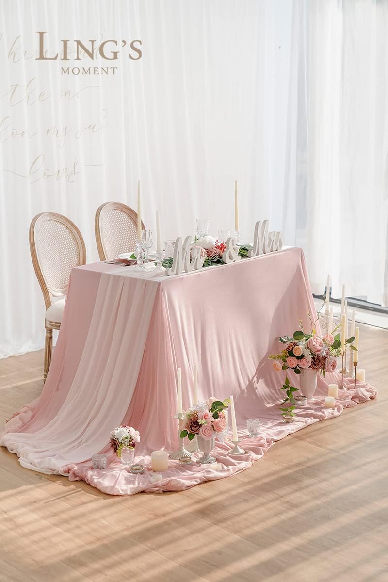 Ling's Moment Sheer Chiffon Table Cloth & Runner Set for 3x4ft Rectangle Table Decor in Dusty Rose