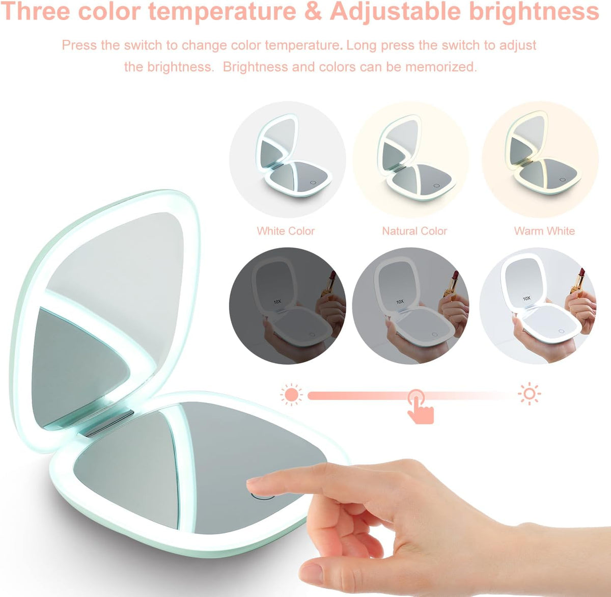 Mocado Compact LED Travel Makeup Mirror - 4 Inches 1X/10X Magnification Travel Mirror with Light