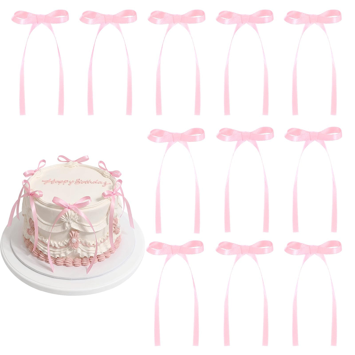30 Pack Bow Cake Toppers Pink Ribbon Bows for Cake Back to School Decor