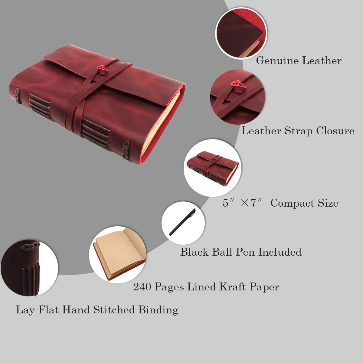 Red Notebook Journal - Genuine Leather Journals for Writing Small Size Diary 5.5x7.5 Inch, Notepad