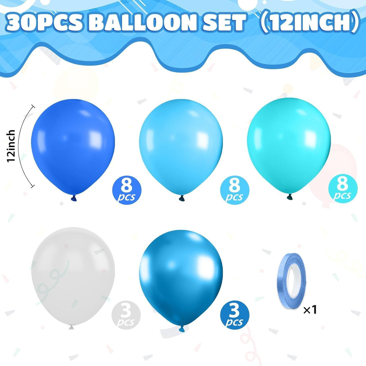 Ocean Balloons, 12 Inch Dark Light Blue Teal Clear Pearl Transparent Metallic Latex Balloons for