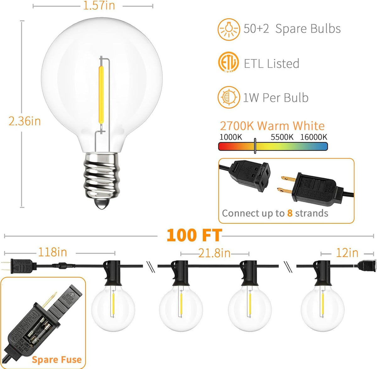 Svater Outdoor String Lights Waterproof 100 FT, LED Patio Lights Outside with 52 Shatterproof G40