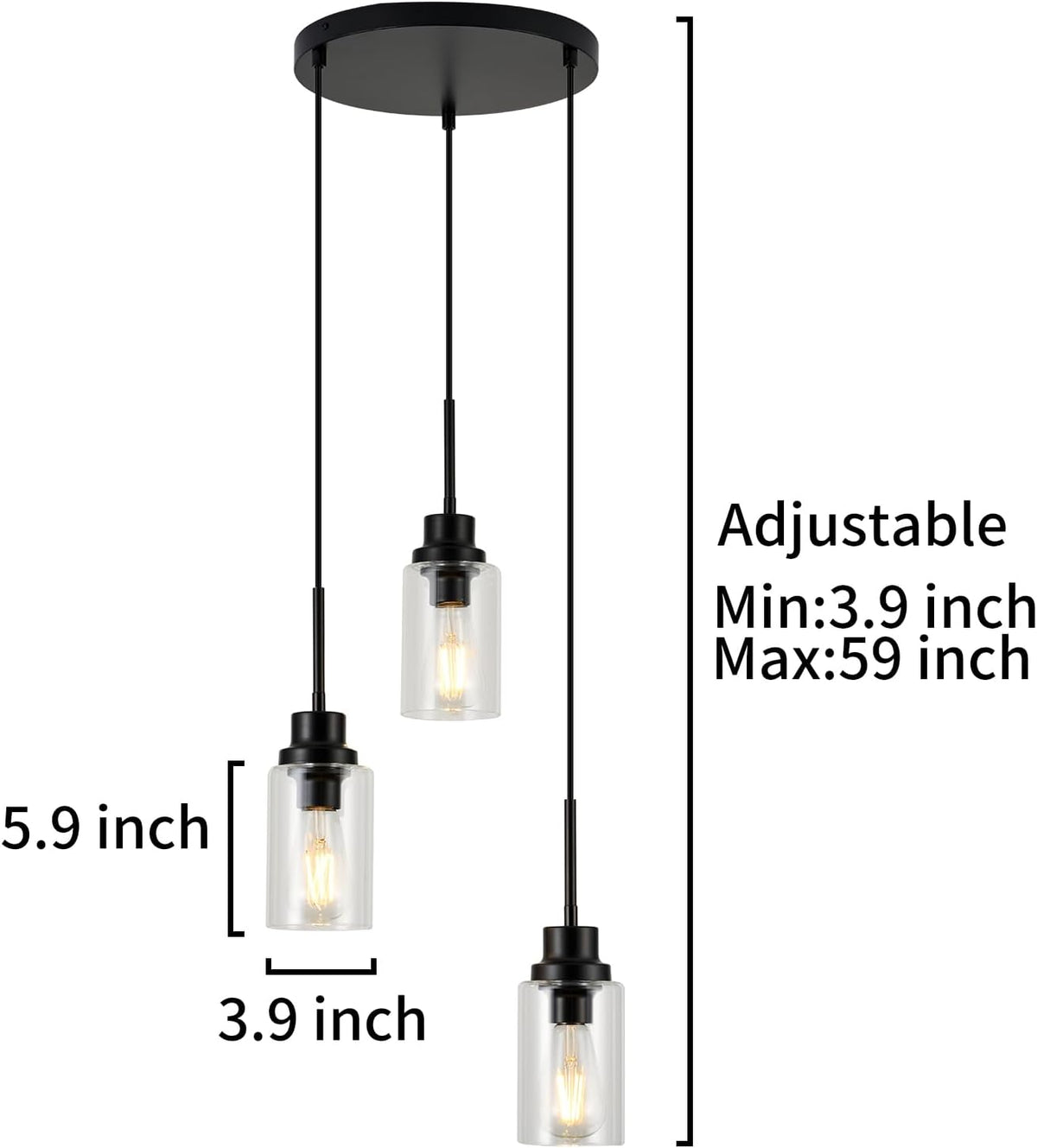 3-Lights Modern Pendant Light Fixtures Black Adjustable Height Ceiling Lights Chandelier with Clear