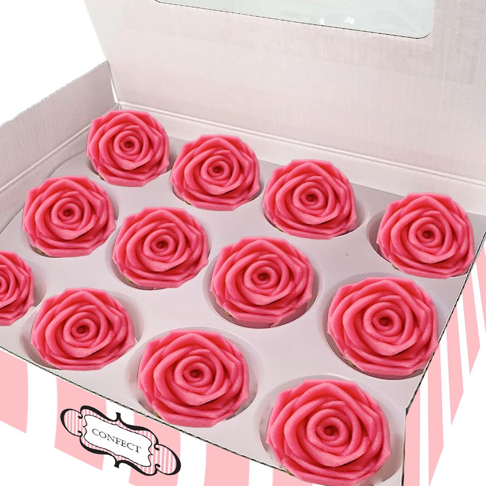 Confect Edible Rose Topper- French Rose Toppers – Pack of 12 Pink French Roses for Cakes, Cupcakes