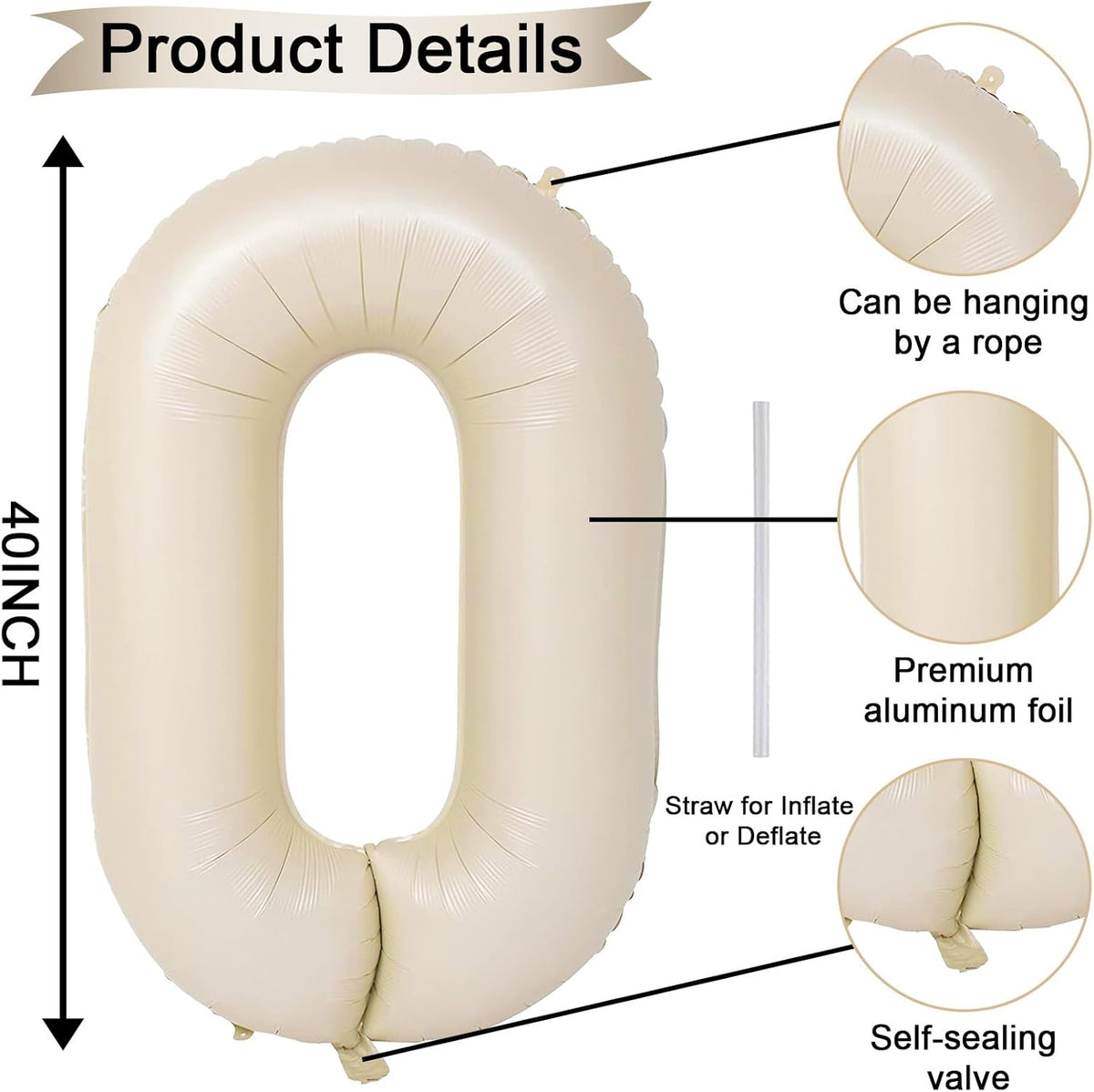40 Inch Large Cream Numbers Balloons 0-9, Self Inflating White Sand Foil Number 0 Helium Balloon