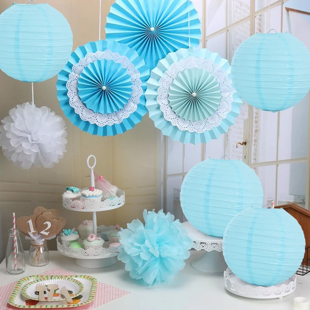 BEISHIDA 10-Inch Light Blue Round Paper Lanterns Decorative Hanging Asia Chinese Japanese Paper