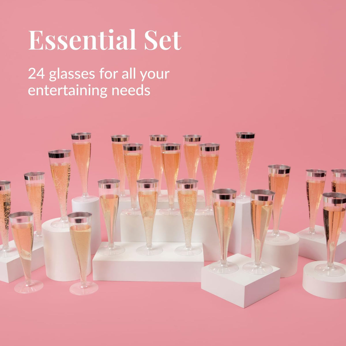 Prestee Set of 24 Silver Glitter Plastic Champagne Flutes - 4.5 oz Capacity - Shatterproof Durable