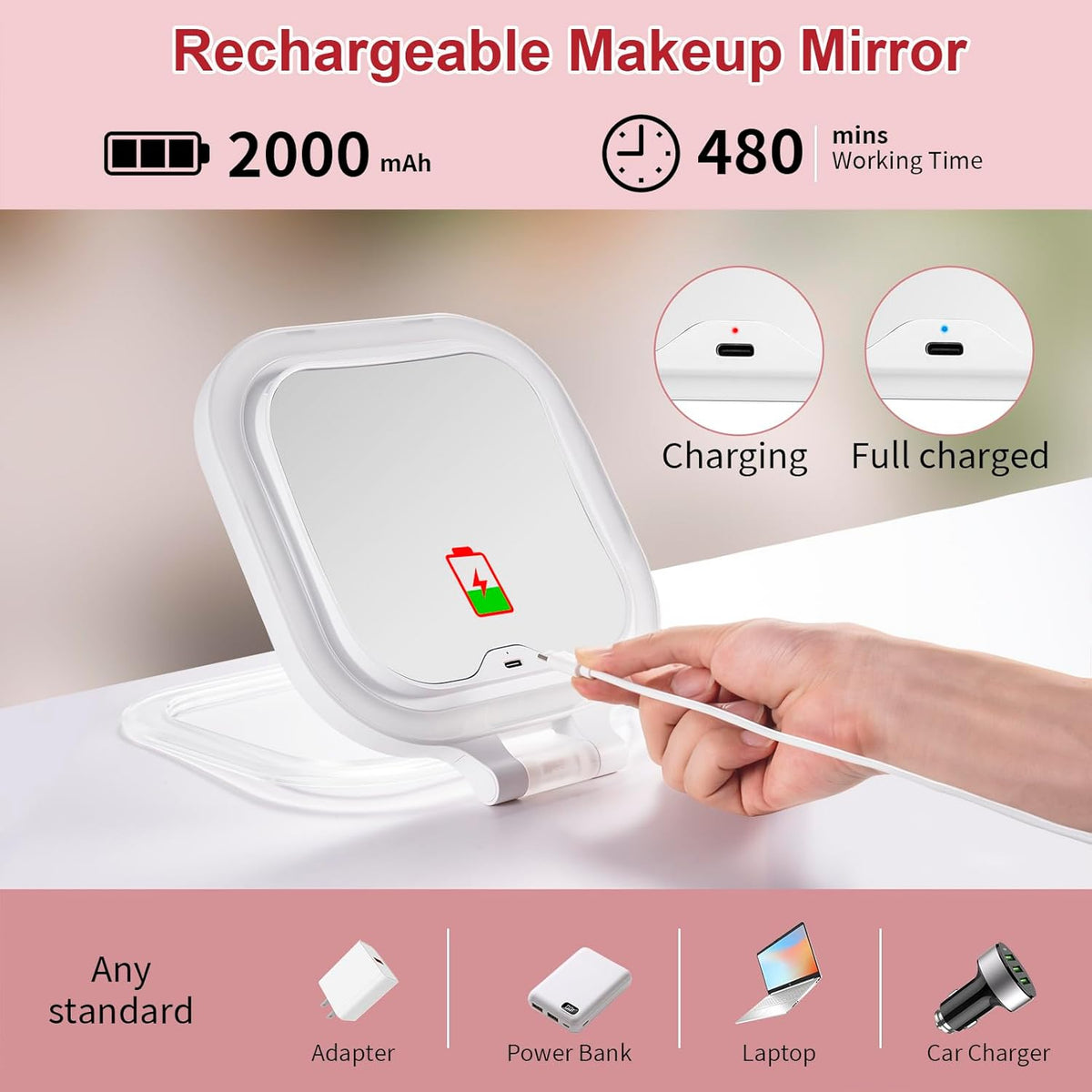 DESCHEN Rechargeable Travel Makeup Vanity Mirror with Lights and Magnification, Portable 1X/10X