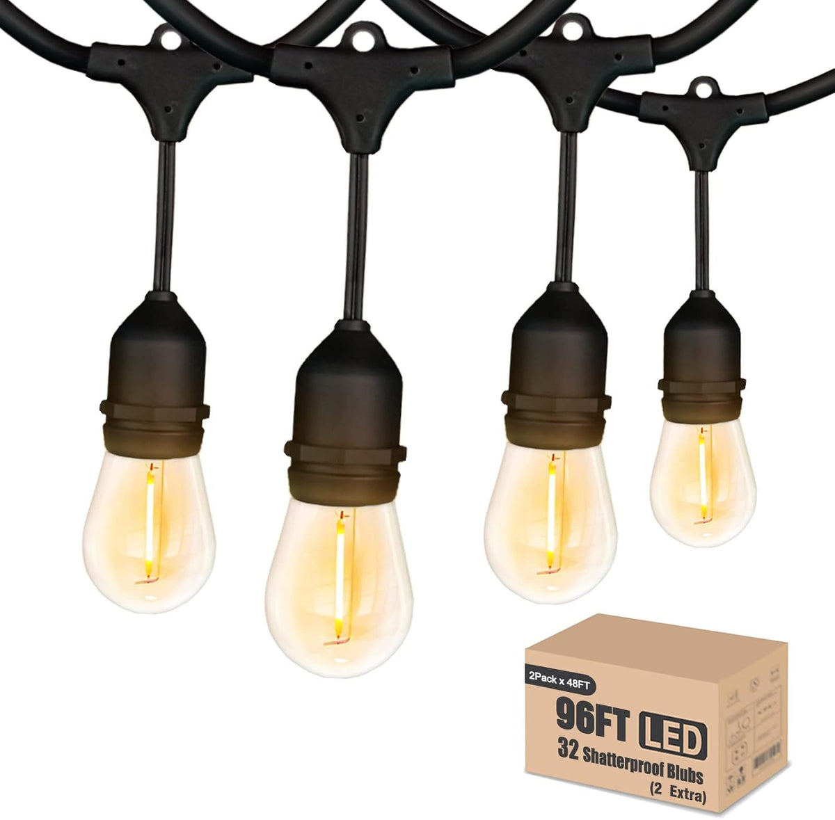 Achin Outdoor String Lights 96FT(48FT*2) Waterproof IP65 LED Patio Lights with 30+2 S14 Edison