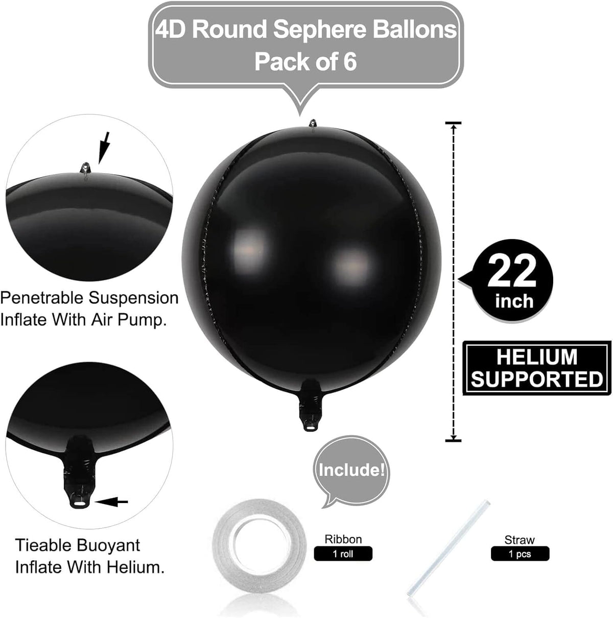 6 Pack Black 22 Inch 4D Foil Balloons Big 360 Degree Round Sephere Mylar Balloons Mirror Finish