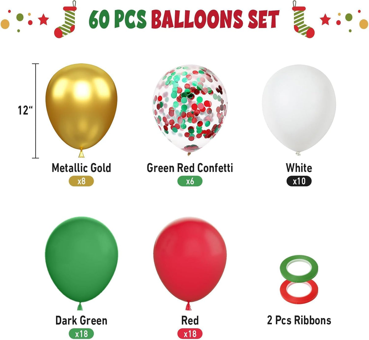 FunHot Christmas Balloons, 60 Pcs Red Green Gold Balloons, 12 Inch Red Green Confetti Balloons