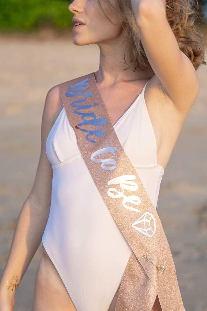 HAPPYLAND Bachelorette Party Decorations Bride To Be Sash Rose Gold Glitter with Gold Foil Letter