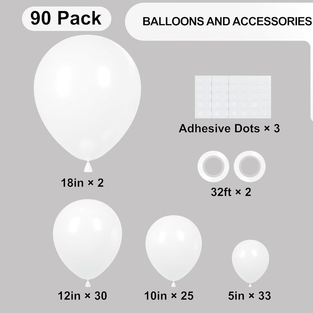 90pack White Balloons Different Size 18/12/10/5 Inch Pearl White Balloon Garland Arch Kit for
