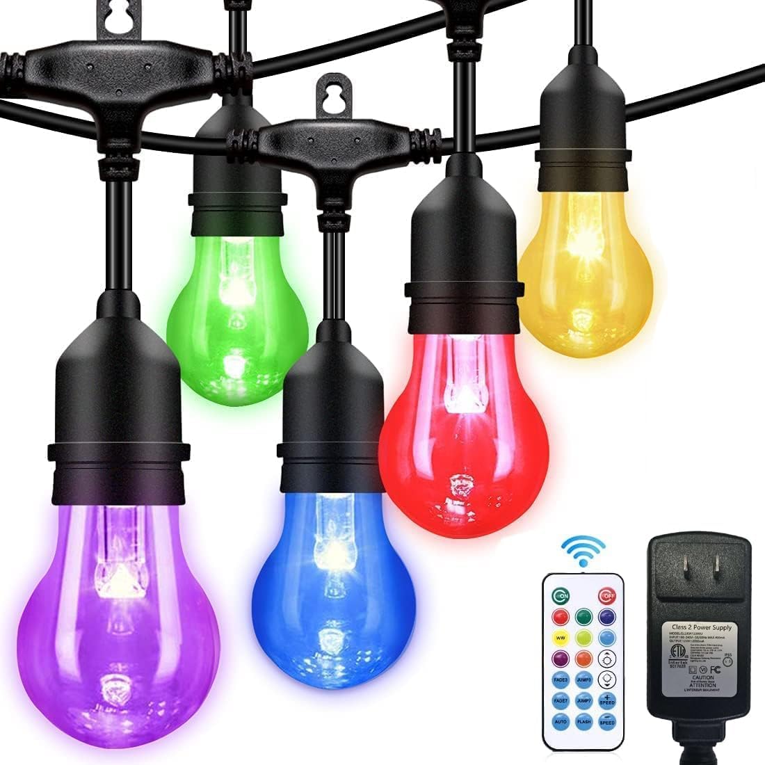 105FT Solar Outdoor String Lights, 32 Shatterproof E26 Edison LED Bulbs, Dimmable RGB Color