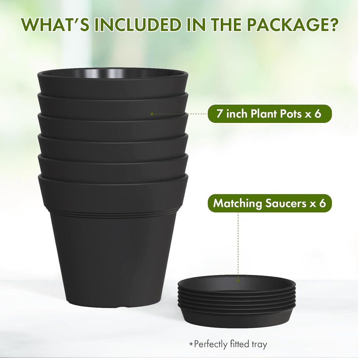 7 Inch Thick Plastic Plant Pots with Drainage Holes and Trays – 6 Pack Nursery Pots for Indoor &