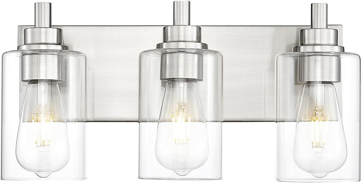 3-Light Bathroom Light Fixtures, Brushed Nickel Vanity Light with Cylinder Clear Glass Shade