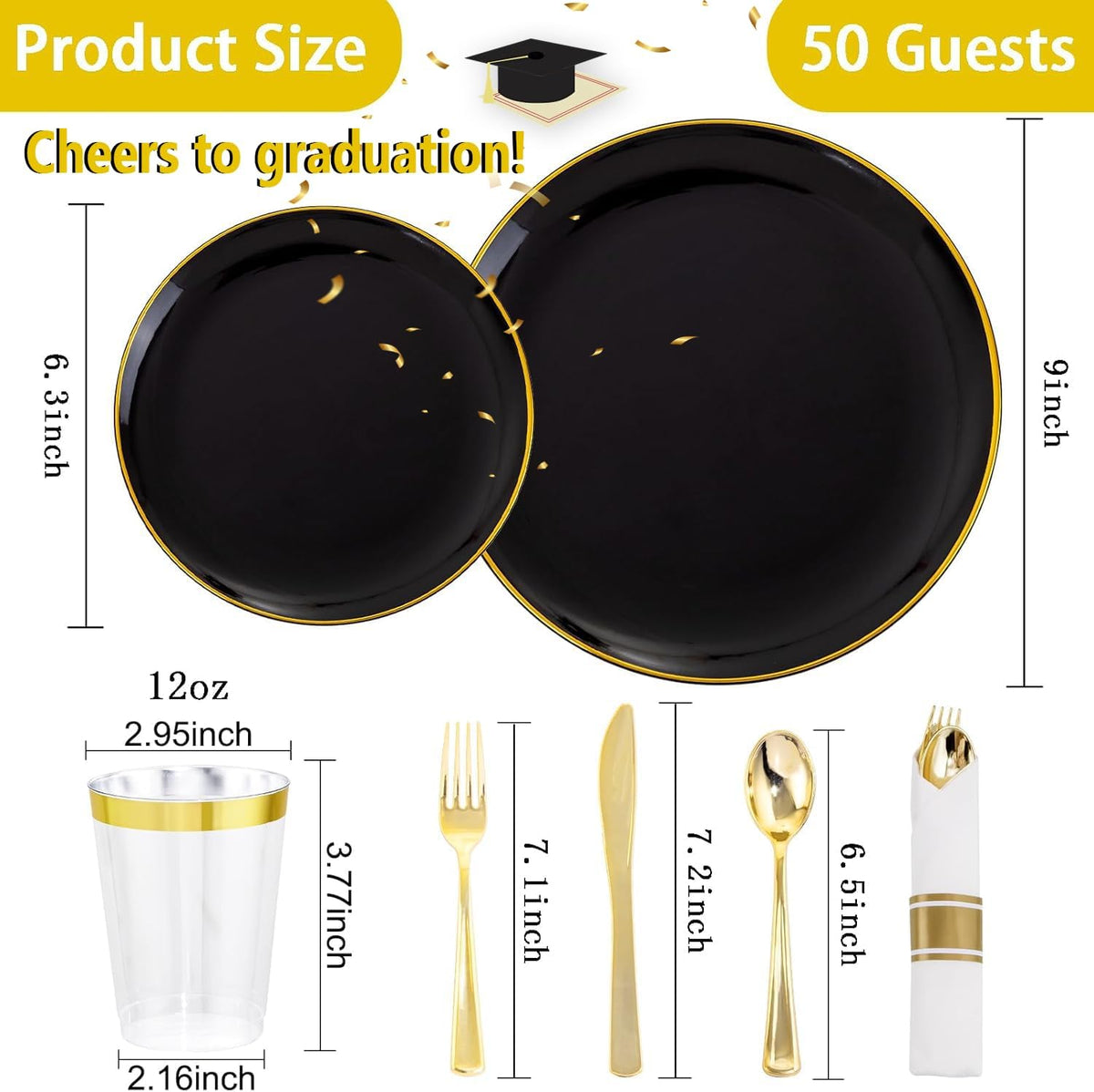 KIRE 350 PCS Plastic Dinnerware Set for 50 Guests - Black and Gold Plates 50 for Dinner 50 for
